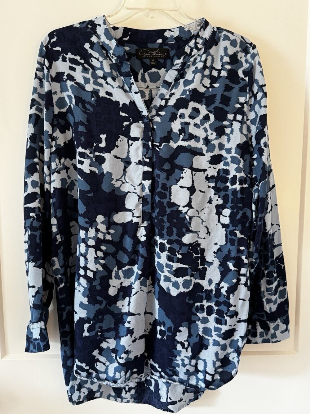 Diane Gilman Blouse Sz M Tunic Long Sleeve Blue Camo Multicolor LagenLook